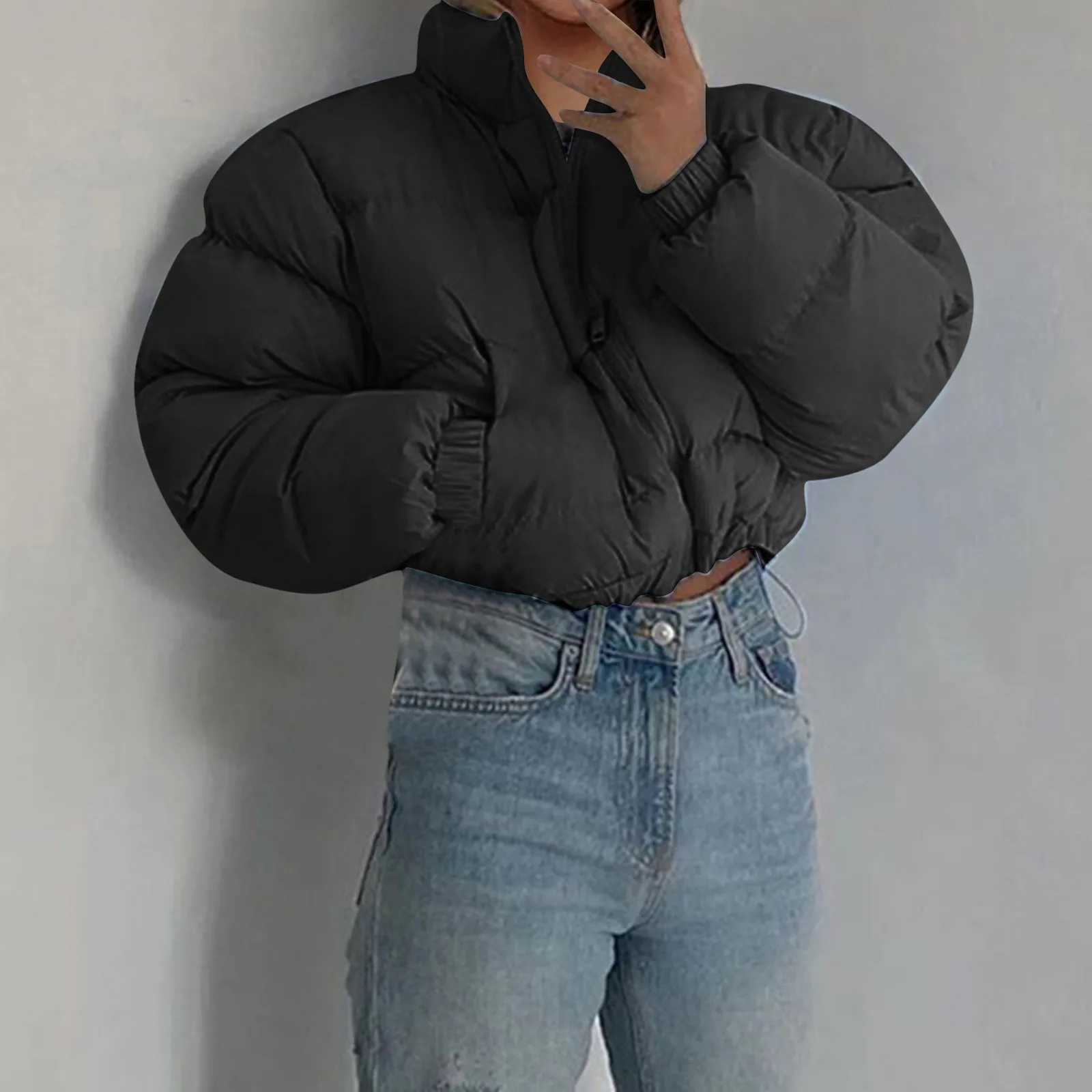 Women's Down Parkas Womens Short Inflatable Jacket Warm Casual Hot Strt Set Womens Cotton Mat Thick Drawstring Park Zipper Winter Bubble Jacket Y