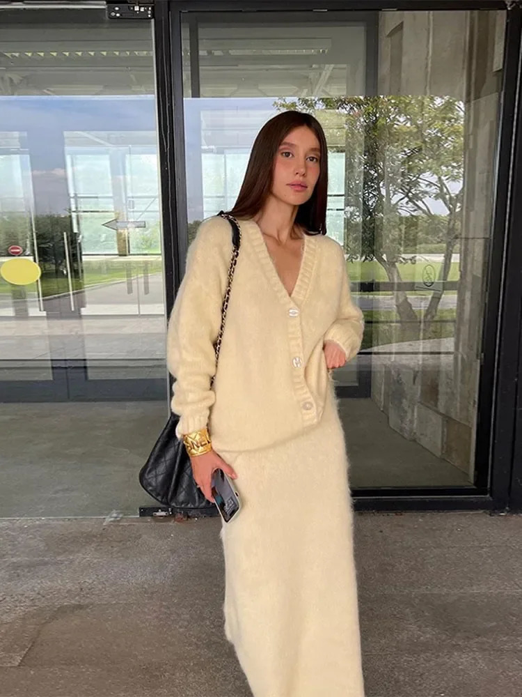 Elegant solid Mohair Skirt womens autumn knitted V-neck cardigan 2-piece loose long fashionable party set 241018