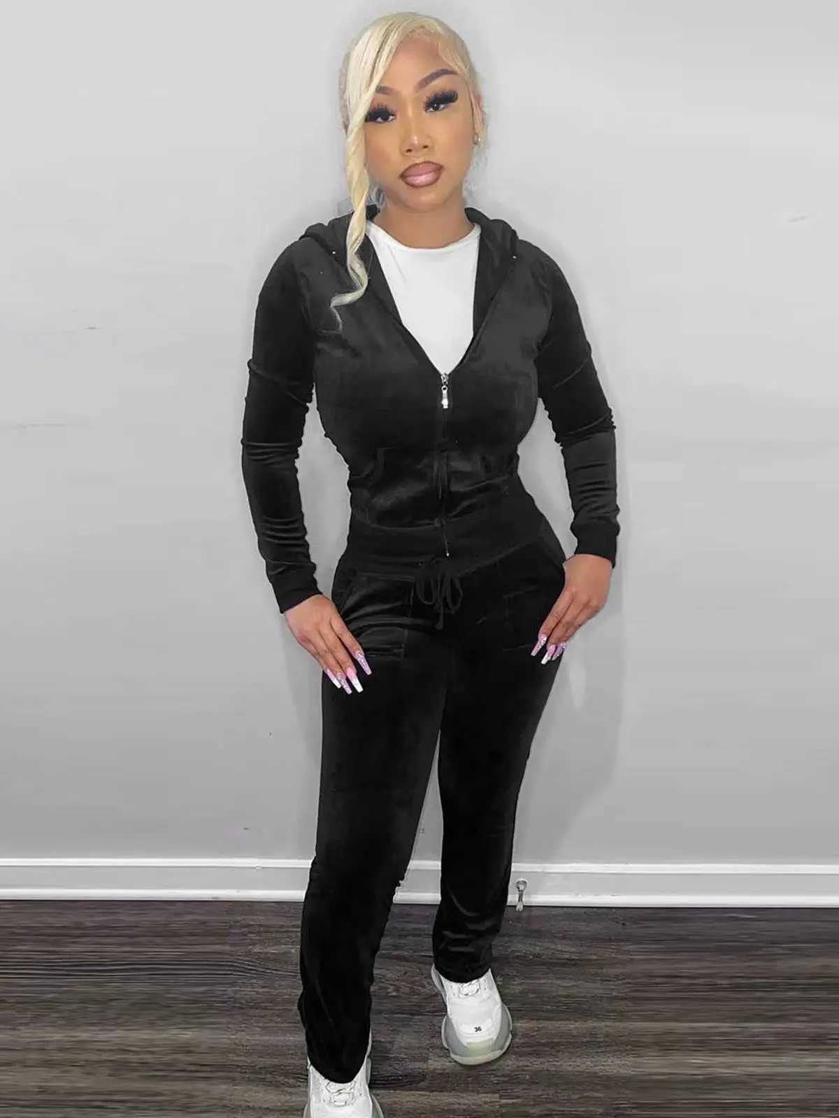 Womens Two Piece Pants Velvet tight fitting jumpsuit womens twopiece zipper hoodie topsports pants matching set lounge clothing sportswear jogging w Y
