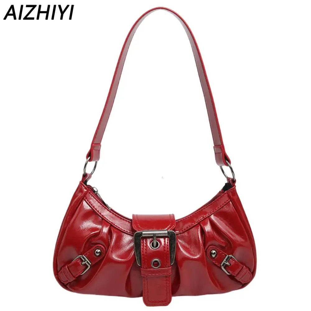 Womens pleated vagrant red shoulder bag womens PU leather clutch handbag wallet Y2K womens er handbag 241018