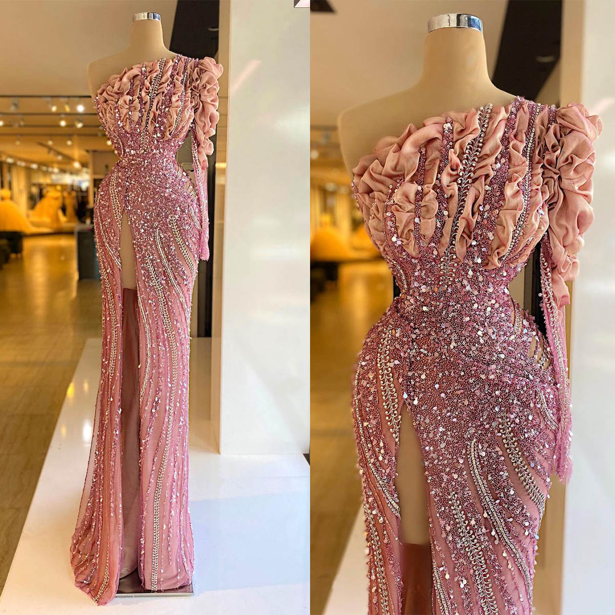 Pink Mermaid Evening Dresses Sequins One Sleeve Lace Ruffles Designer Prom Gowns Floor Length Custom Made Side Split Formal Special Occasion Dress