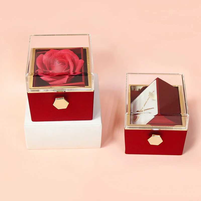Rotating Rose Jewelry Gift Box Valentines Day Wedding Acrylic Ring Box Necklace Storage Rose Jewelry Display Stand W241019