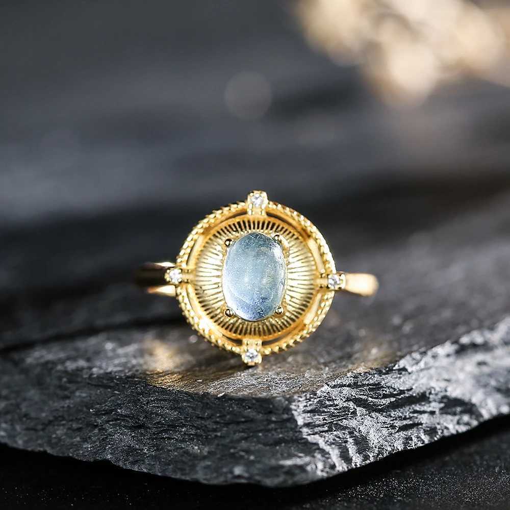 New 18k gold-plated S925 sterling silver womens ring paired with aquamarine wedding jewelry adjustable size Y241019
