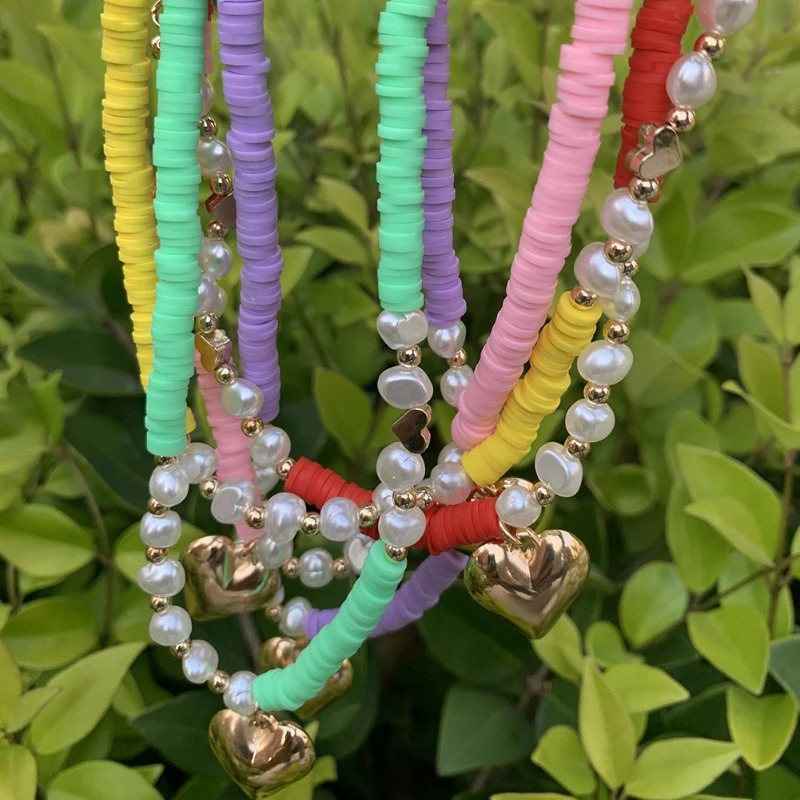 Bohemian Holiday Style Candy Colored Polymer Clay Pearl Stickers Necklace Love Pendant Necklace 241018
