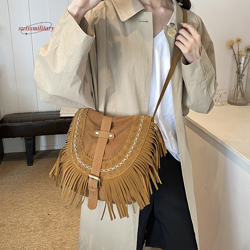Tassel brown Western cowboy niche ethnic controversy, West Asia crossbody bag, women's trendy travel bag #39 swissmilitary