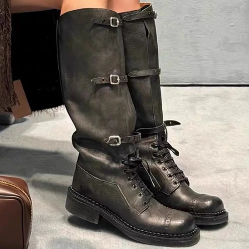 2024 Winter Punk Thick High Heel Buckle Riding Boots Cool Fashion Street Knee High Motorcycle Boots 241018