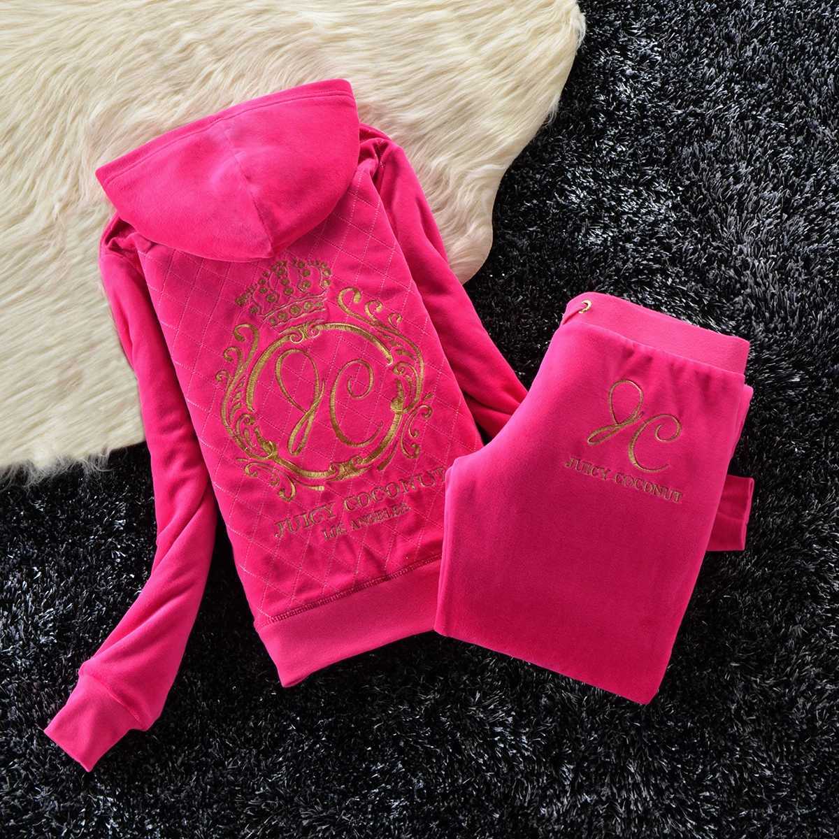 Women's Two Piece Pants Juicy comedy autumn and winter thick velvet womens set warm winter womens 2-piece hooded sweatshirt+thick Trouser Y241019