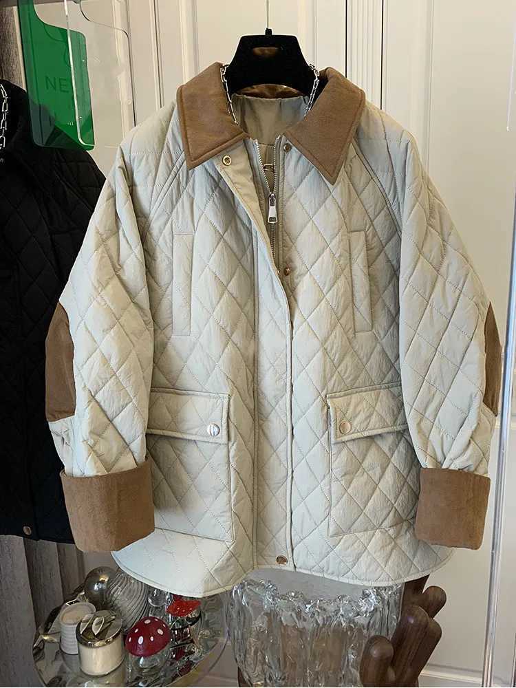 Turn-down Collar M-3XL Patchwork Contrast Color Rhombus Cotton Padded Coat Long Sleeve Zipper Lady Retro JacketX241019