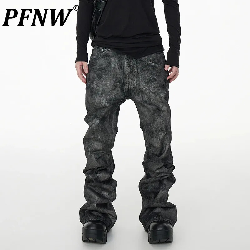 PFNW Autumn Male Denim Pants Loose Handmade Brush Coating Slim Heap Up Straight Wide Leg Mens Jeans Stylish 2024 12C519 241008