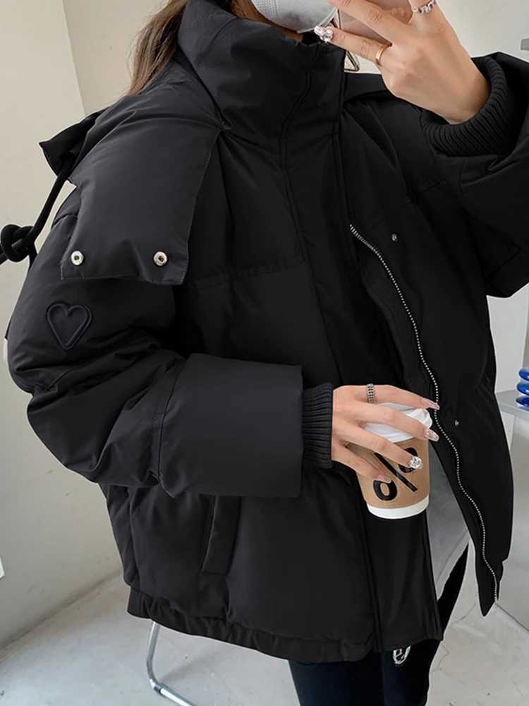 Zoki Love Print Cute Parkas Women Sweet Thick Warm Winter Puffy Coats Korean Casual Long Sleeve Loose Fashion Down Cotton JacketX241019