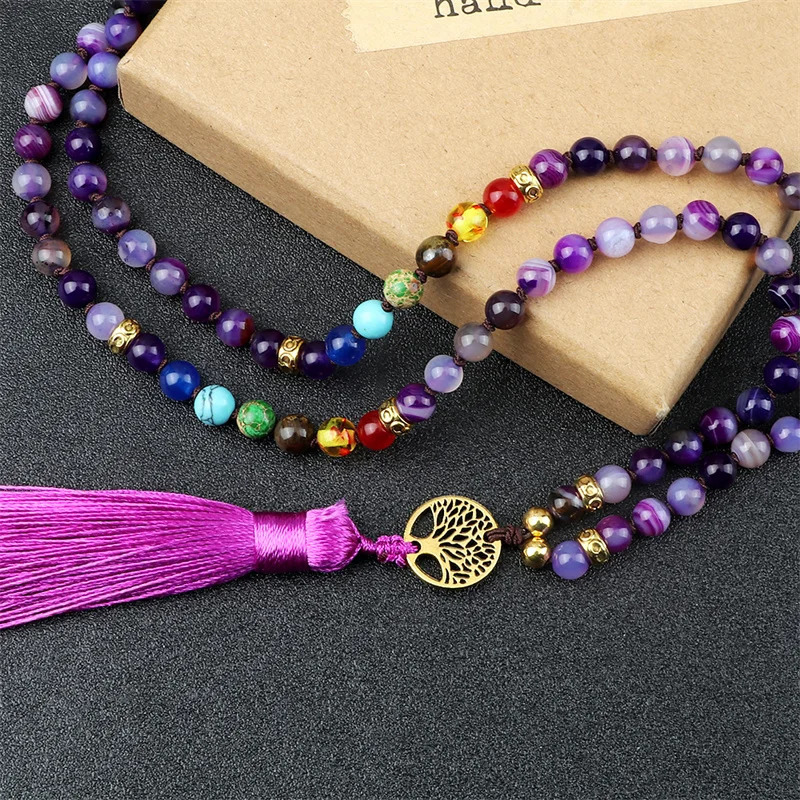 Natural purple agate stone necklace suitable for women 7 chakra spiritual energy 108 Japamala Mala beads tassel long necklace jewelry 241018