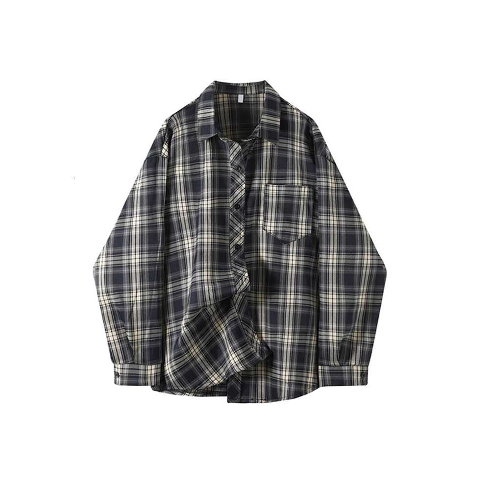 shanshi Men's shirts American plaid long sleeved shirt women in spring autumn with a niche design sense Loose and casual shirt handsome jacket fo