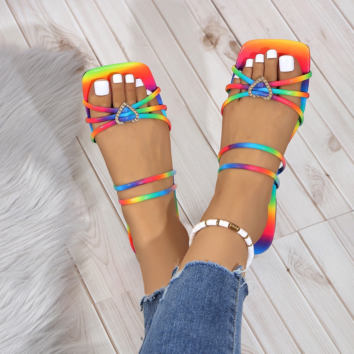 Wind Women S Sandals Summer Square Toe Fashionable Love Buckle Large Size Flat Bottomed For Ddmywed ddmythur