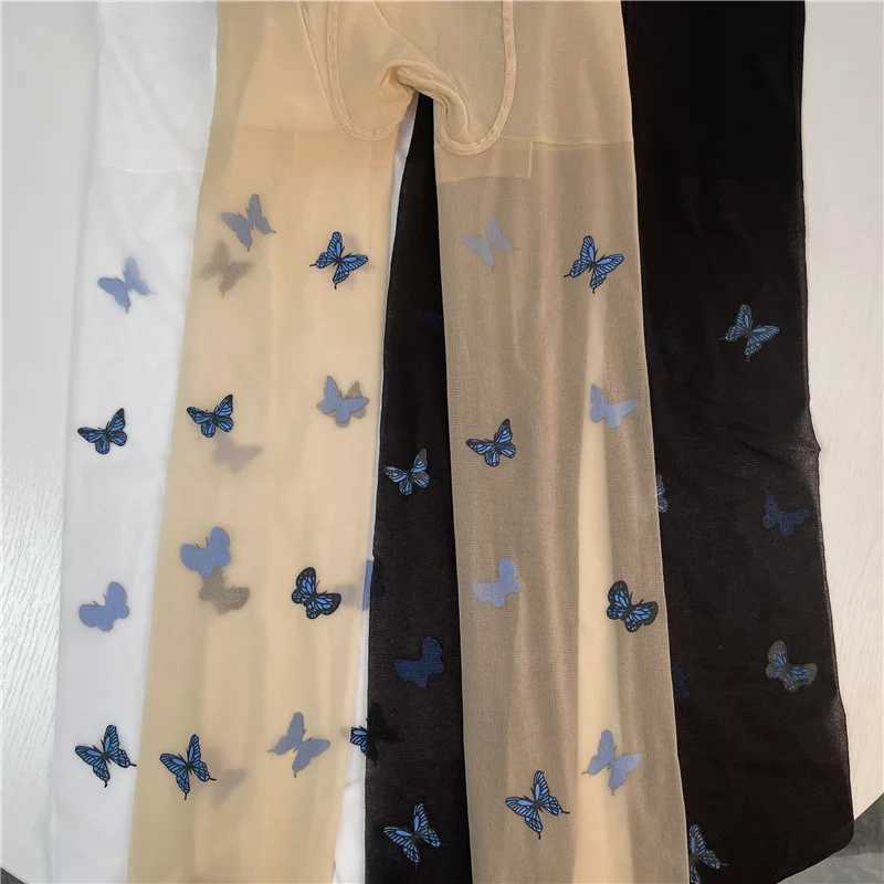 Socks Hosiery Women Girls Blue Butterfly Print Pantyhose Summer S-Through Ultra-Thin Sexy Silky Tights Japanese Lolita Seamless Stockings Y240833087S1