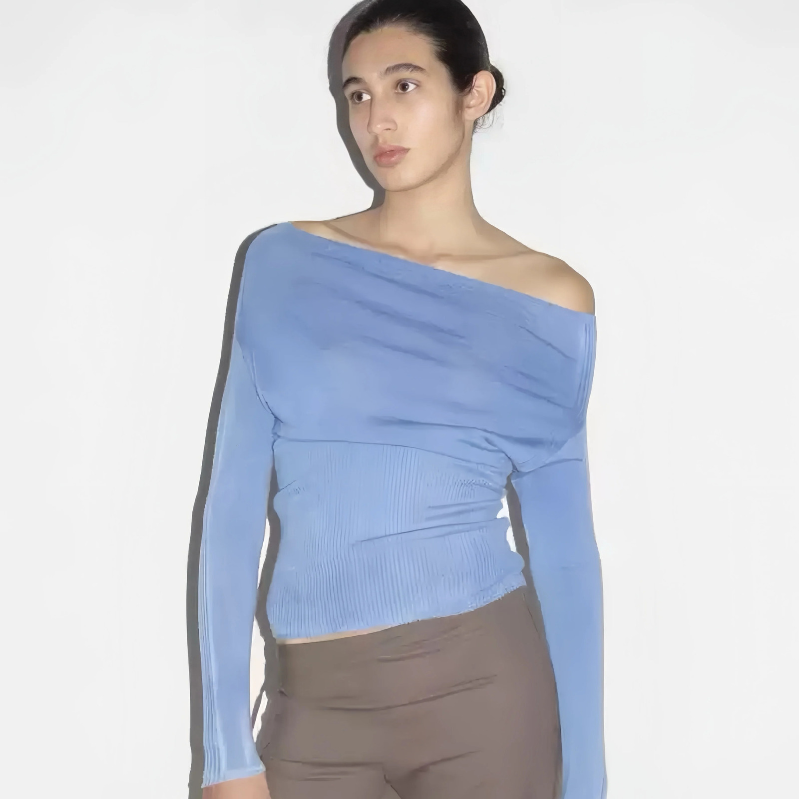 Paloma wool single line necklace shoulder length long sleeved sweater slim fit short top 241009