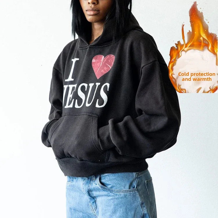 autumn and winter cashmere thick washed hoodie I Love Jesus Print Graphic Black Acid Washed Pullover Hoodie 241019