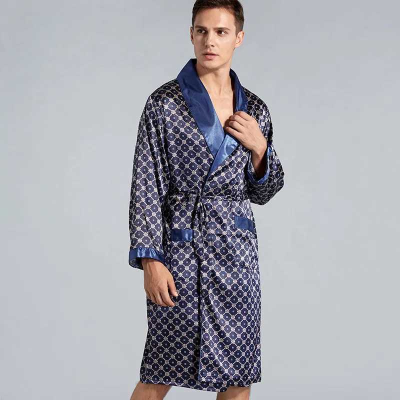 2024 Mens Summer Silk Shower Robe Geometric Dress Sleepwear Men Home Clothes Long Sleeve Kimono Bathrobe Nightwear Oversize 5XLXJ241018