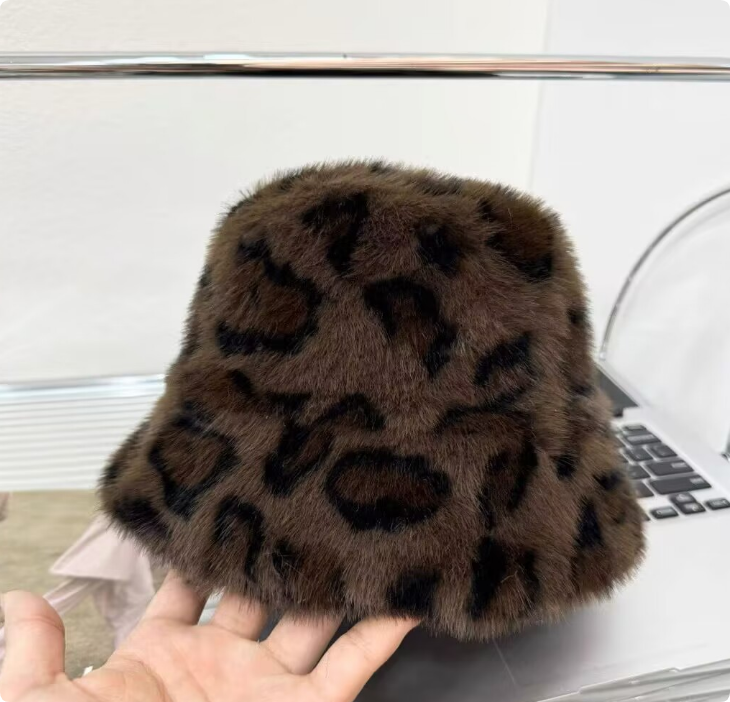 Winter Leopard Print Bucket Hat Wide Brim Hats Fashion Women Imitation Mink Wool Thick Warm Fluffy Basin Hat