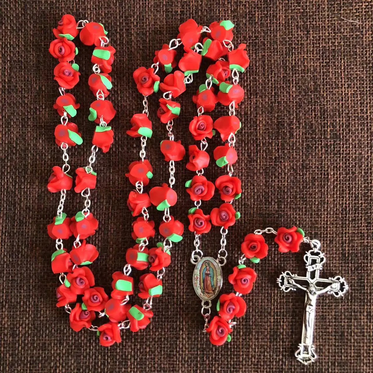 Handmade cathode rose necklace soft ceramic rose beads rose polymer clay necklace with Jesus Cross Virgin Guadalupe Center 241018