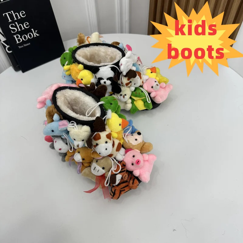 Winter snow boots childrens teddy boots covering the fluffy calf platform filled with animals with cute childrens snow boots 241018