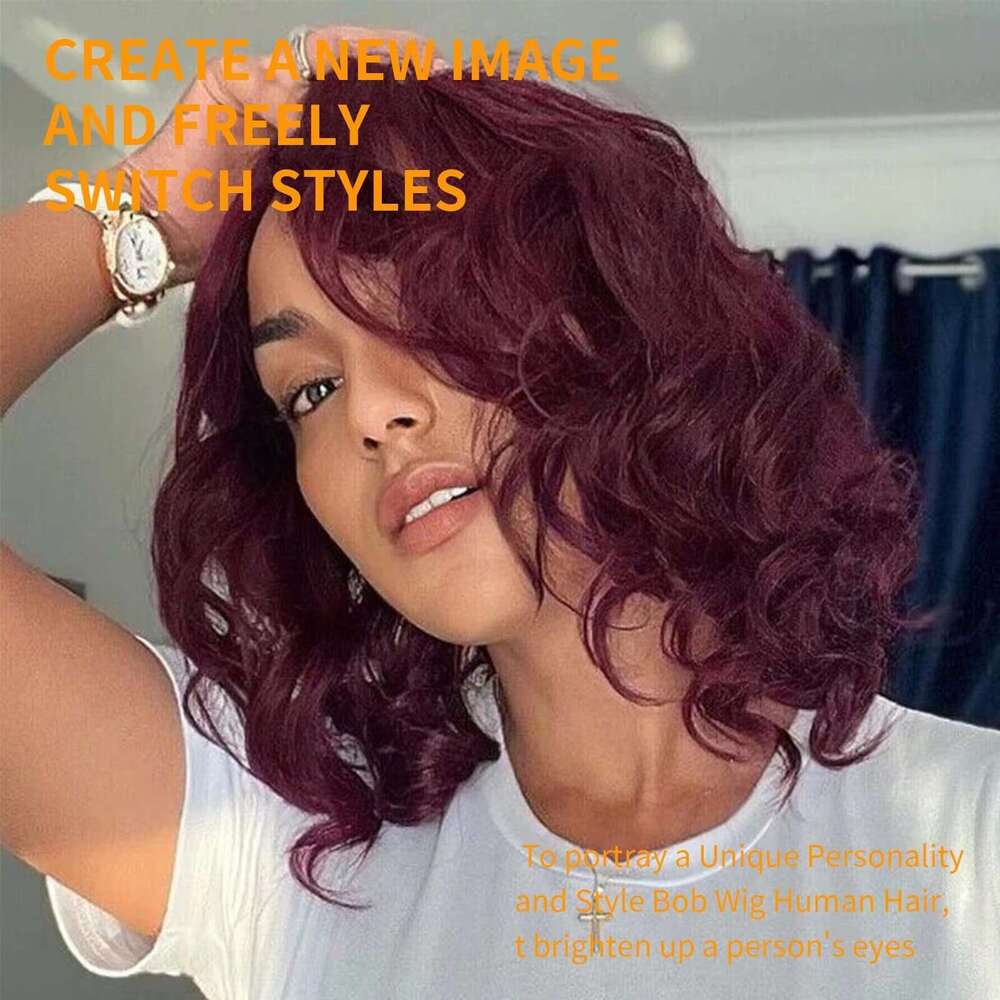 Bob Wig x Human Hair J Burgundy Loose Wave Lace Front Wigs Density Glueless Inch s