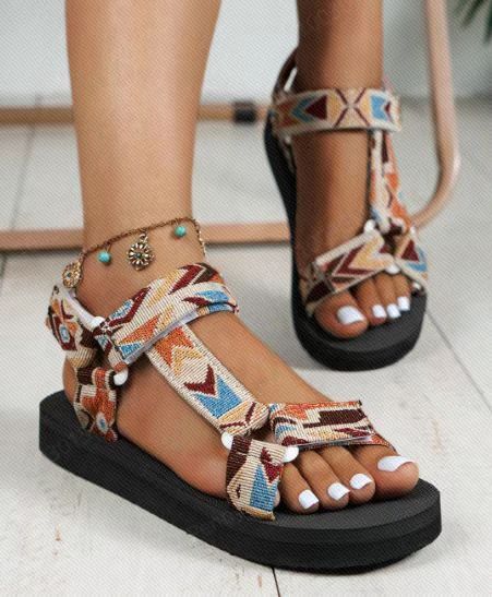 Oversized Women S Printed Flat Spring Summer New Thin Soled Ethnic Style Velcro Beach Sandals Ddmywed Ddmysaturn