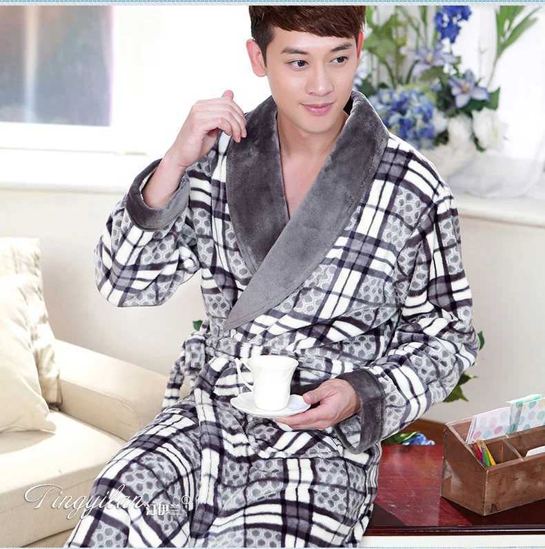 Mens Long Sleeve Flannel Bathrobe Thick Sleepwear Warm SPA Bathrobe Male Pajamas Belt Solid Soft Homewear Winter D-2096XJ241018