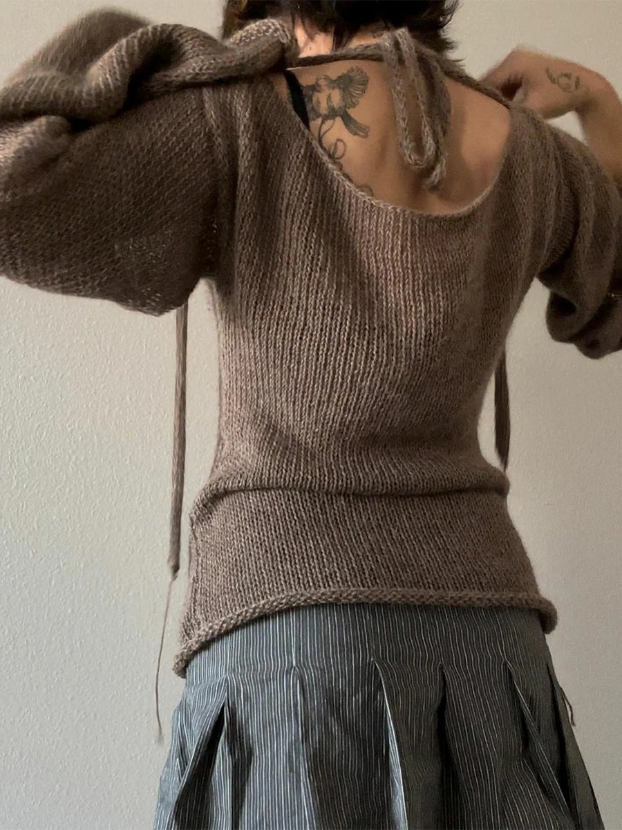 Y2K Tie Back Sweaters Women Long Sleeve Boat Neck Solid Color Knitted Pullover Casual Crochet Tops Fall 241010