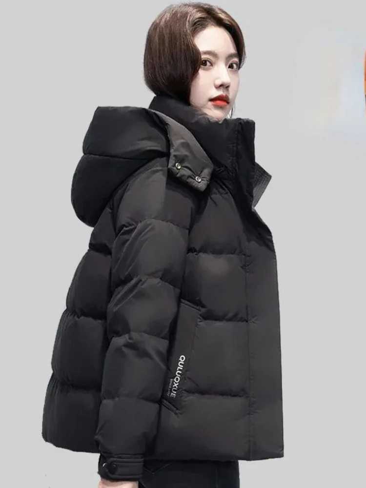 Women Korean Thick Warm Down Cotton Puffer Jacket Long Sleeve Hooded Parka Winter Coat Pockets Solid Plus Size Loose OvercoatX2410