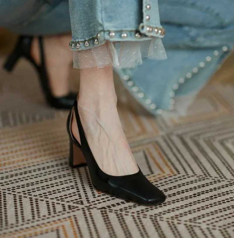 High heels regular leather casual chunky high heels nude womens shoes office shoes womens shoes square toe pumps Y241019