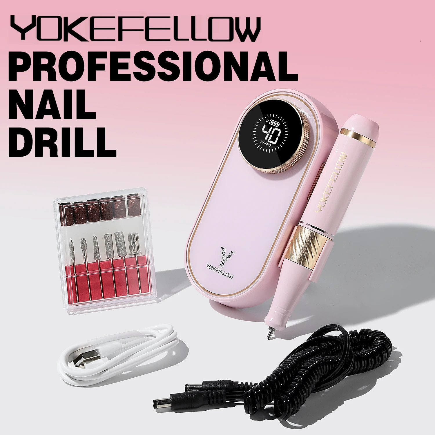 YOKEFELLOW portable 40000 RPM nail drill rechargeable electric nail drill with 12 acrylic gel nail drills 241007
