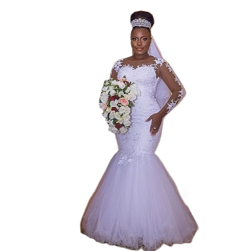 White Long Sleeves Mermaid Wedding Dresses Lace Appliques Floor Length African Bridal Gowns Sheer Crew Neck Tulle Vestido De Novia 2025