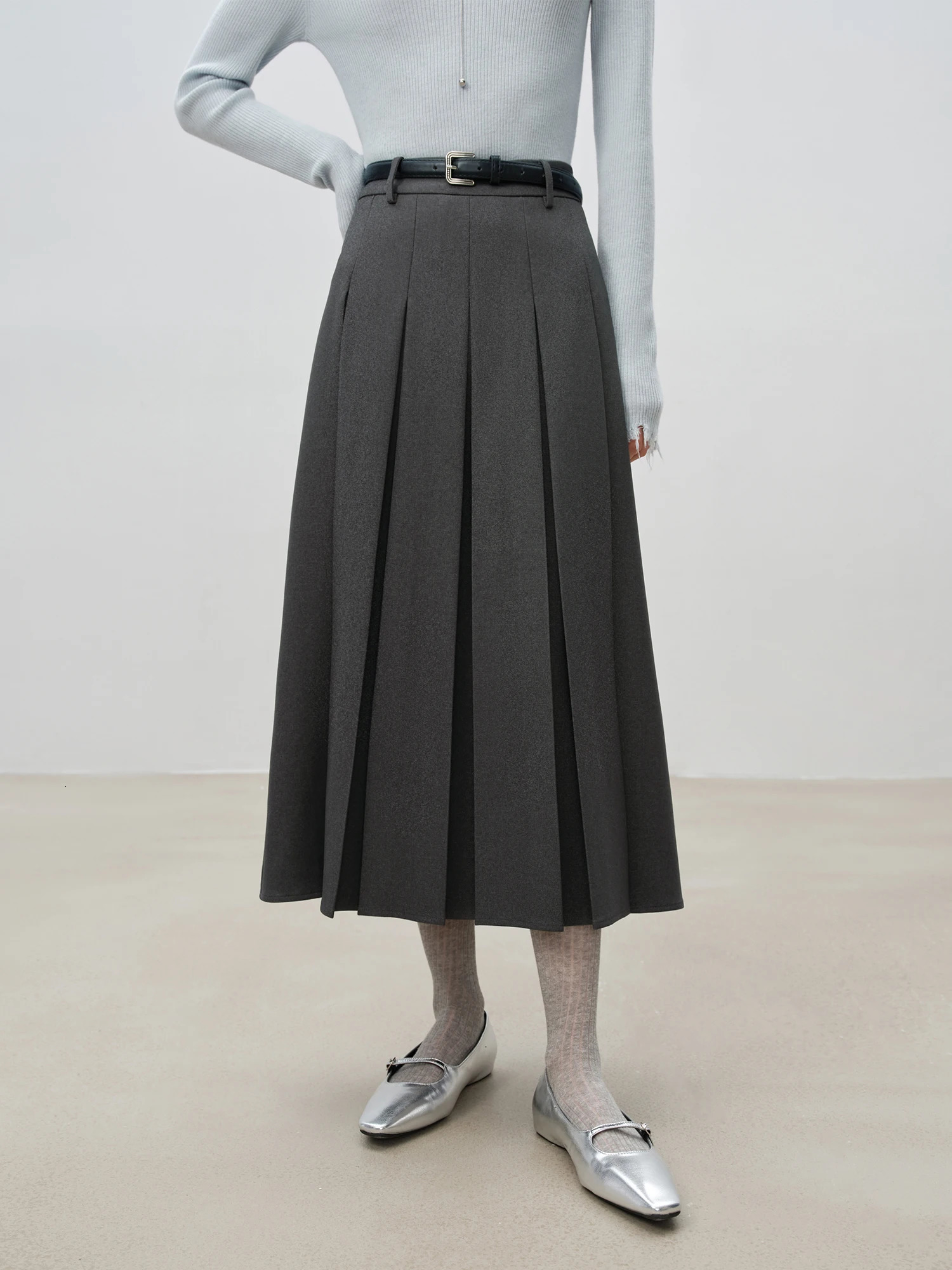 ZIQIAO Women Long Skirts College Style Female Winter Grey Pleated n ALINE Skirt Side Zipper Waist Suit 24ZQ94190 241019
