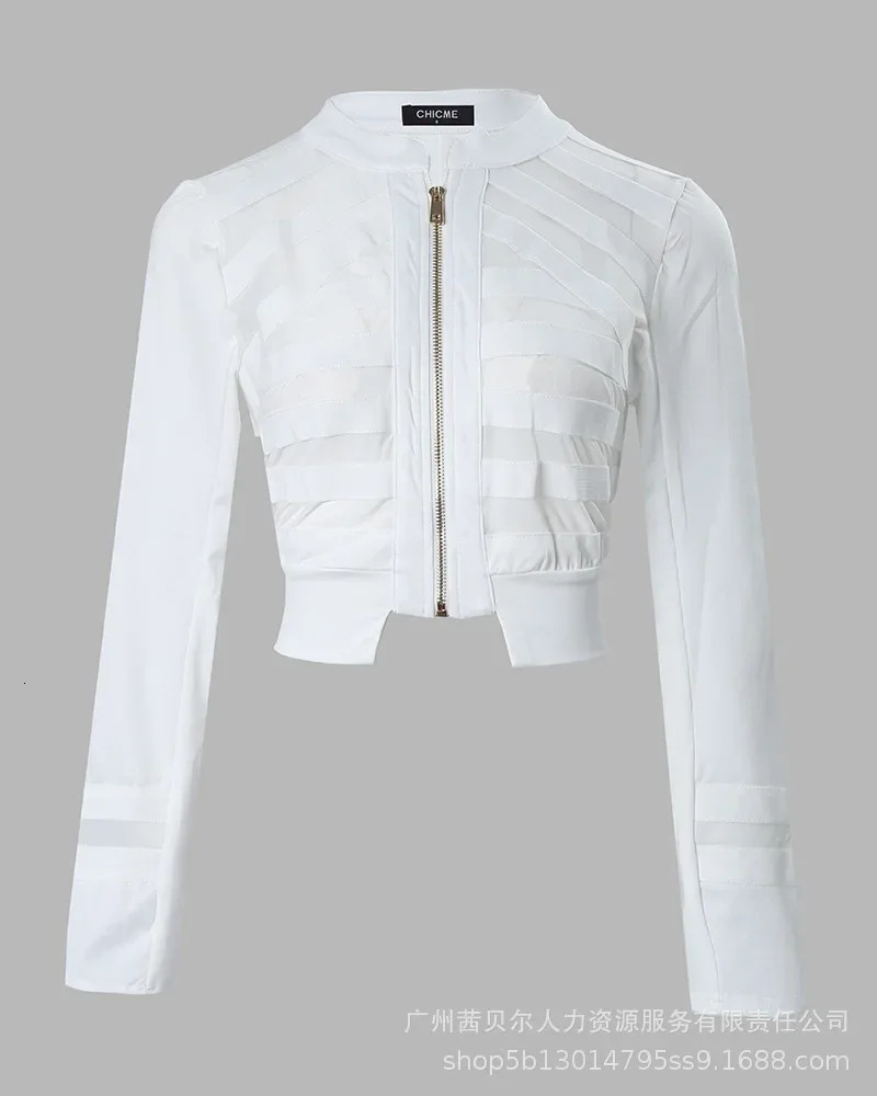 Sheer Mesh Zip Front Long Sleeve Crop Jacket White Coats Y2k Streetwear Jackets for Women Spring Summer Autumn Streetwear 241010