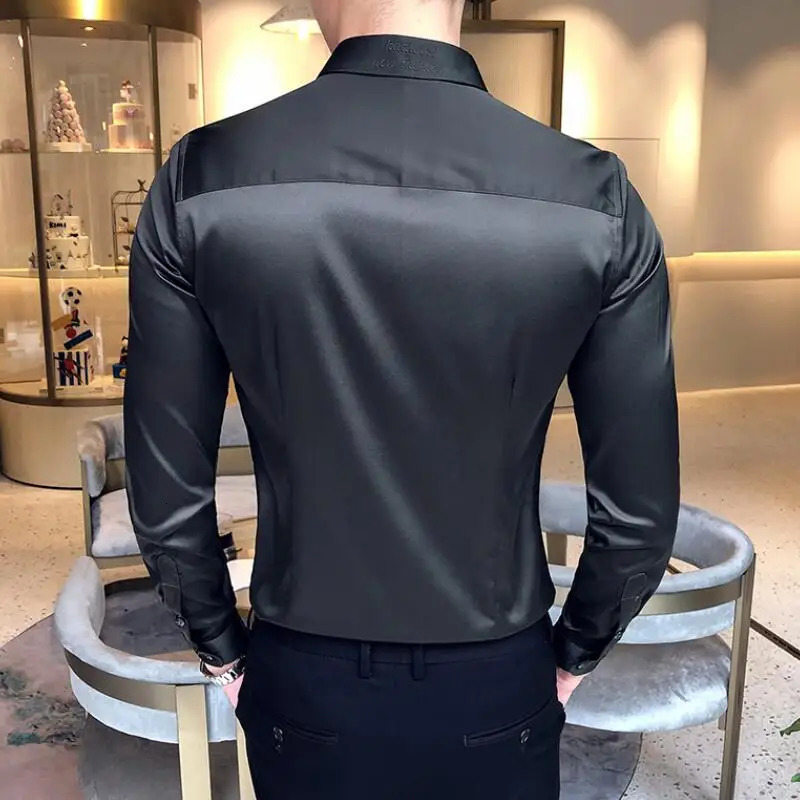 mens shirt necklace embroidered long sleeved casual ultra-thin mens dress solid color formal business social clothing top 241007