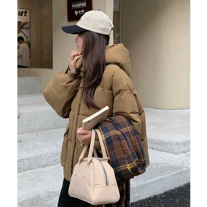 Brown Down Jacket Women Coat Black Hooded Fashion American Streetwear Y2K Style Duck Down Feather Female Winter Short OutwearX241019