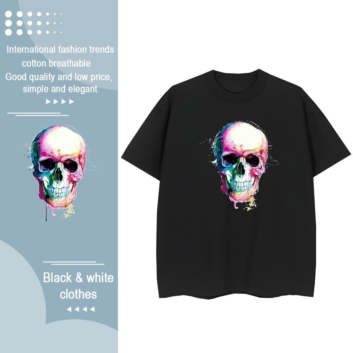 New Womens T Shirts 100% Cotton 230g Short sleeve Soft Daily Outfit skull Tshirt for Man Woman Popular Black Oversized Tops