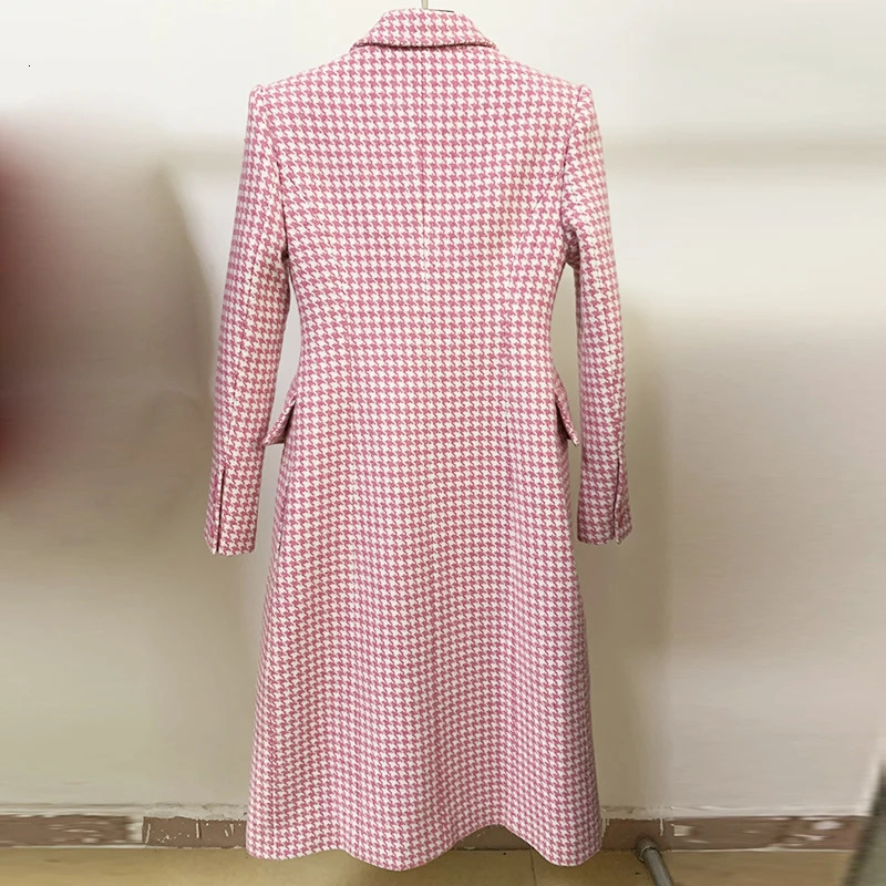 HIGH STREET est 2024 Fall Winter Fashion Overcoat Womens Double Breasted Pink Houndstooth Tweed Wool Long Coat 241010