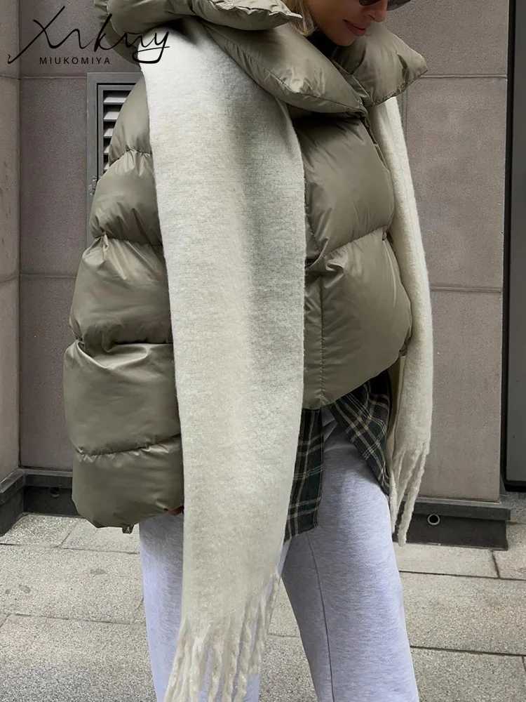 Women's Down Parkas MiuKoMiYa grey womens winter cotton jacket short sleeved apron thick coat Parkas womens hooded jacket 2023 winter Y2410193W5A