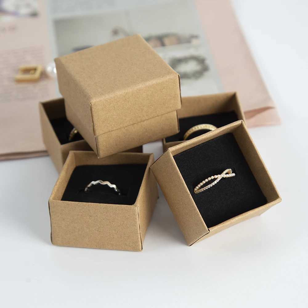 10pack loose ring box 4x4x3cm brown cowhide gift cardboard box jewelry necklace earrings womens packaging box sponge W241019