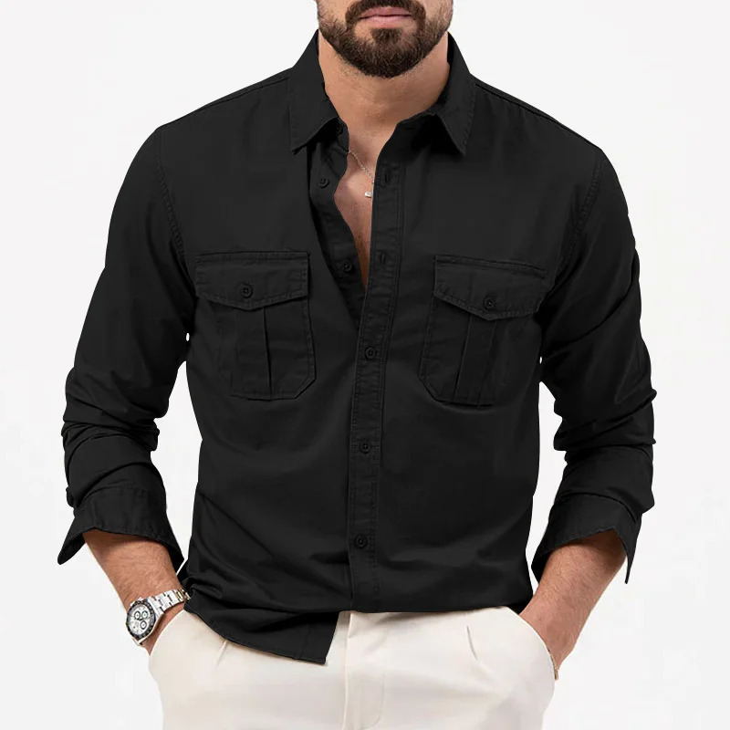 Spring and summer fashion lapel long sleeved solid shirt mens clothing casual button matching American shirt 241007