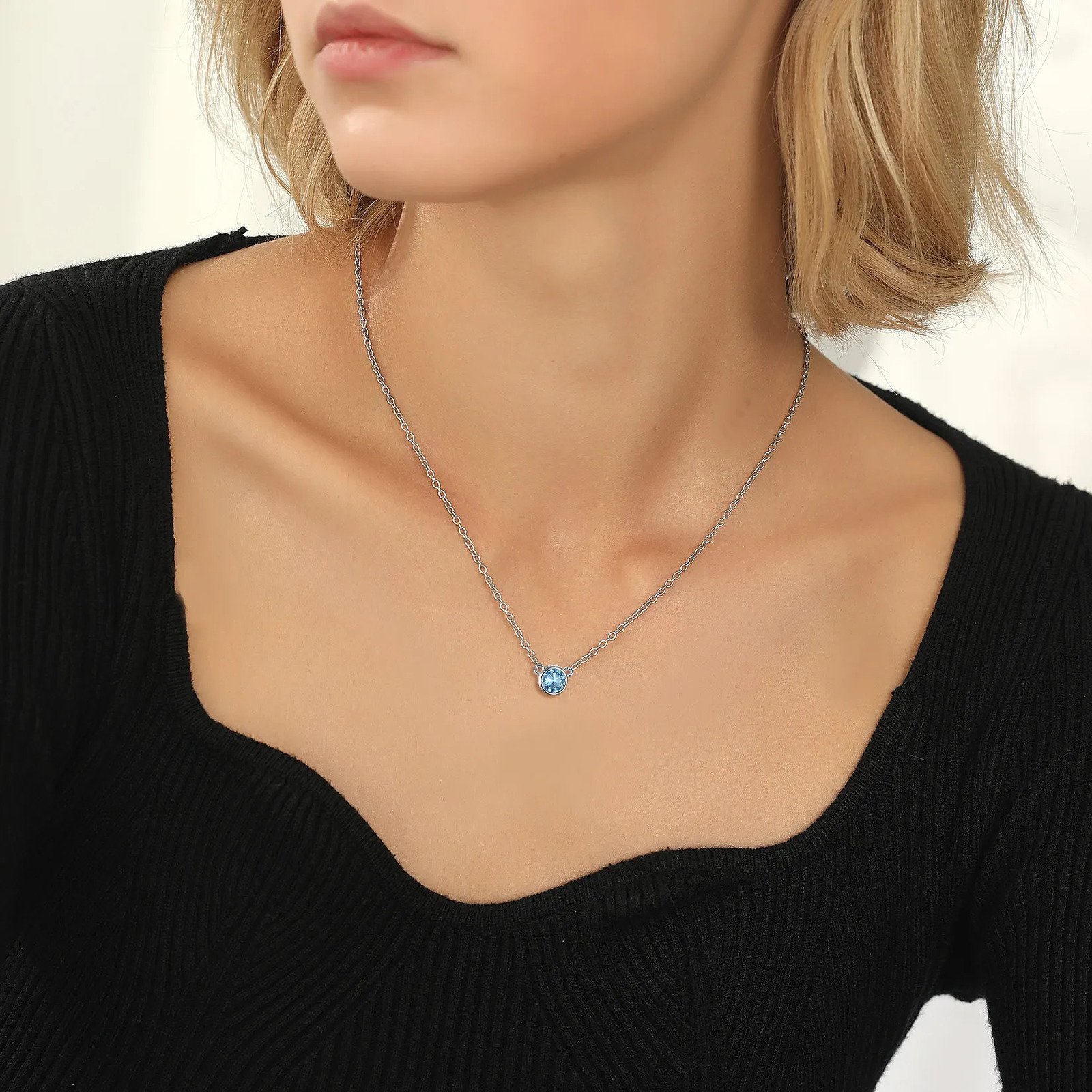 U7 925 sterling silver birthstone necklace sparkling round cut gemstone CZ jewelry crystal pendant necklace 241018