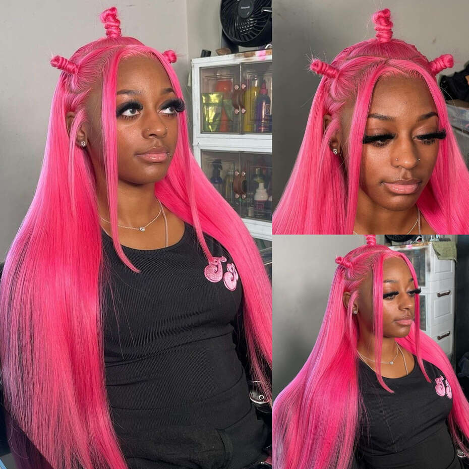 30 36 inch Hot Pink Transparent Front Wig 13x6 Lace Frontal For Women Long Straight Colored Human Hair Wigs