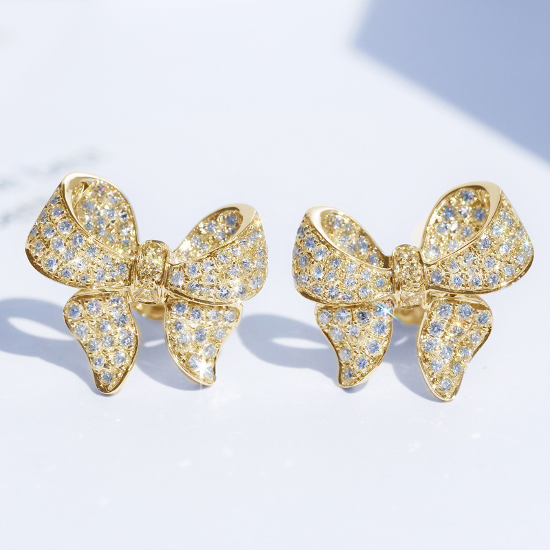 Round Cut Diamond Encrusted Hip Hop Bow Stud Earrings - Premium Quality Design for Both Genders