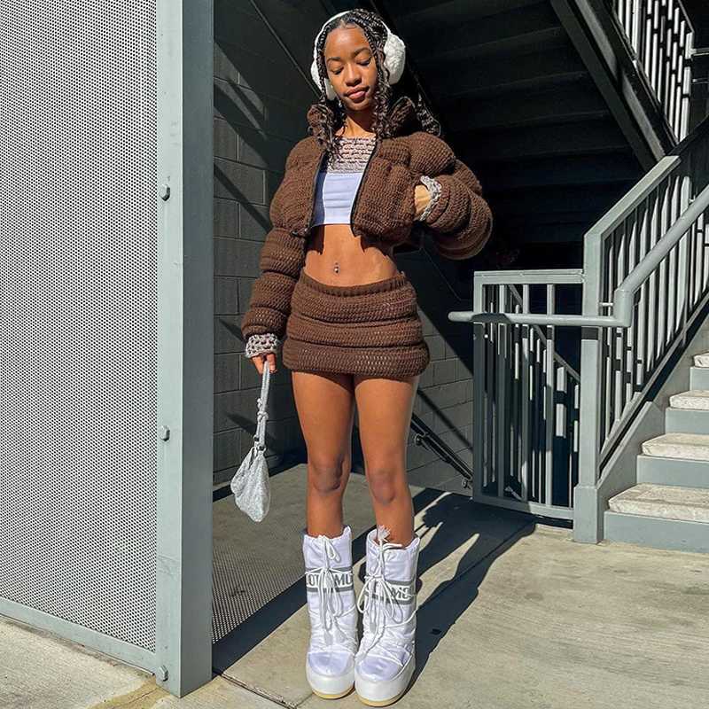 Women's Down Parkas Fashion Cute Women Knitted Sweater Puffer Jacket Winter Knit Warm Thick Bubble Coats Stand Collar Zipper Crop Jacket Parkas D