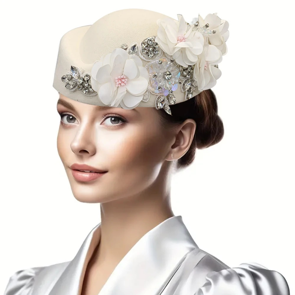 Retro felt e hat suitable for women church derby charm with flowers ladies soft beret party aviation housekeeper hat 241007