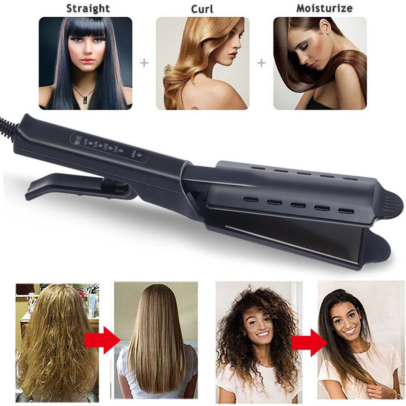 Ceramic tourmaline ion flat iron straight hair 2-in-1 steam ventilation hole n wide plate straightener 241018