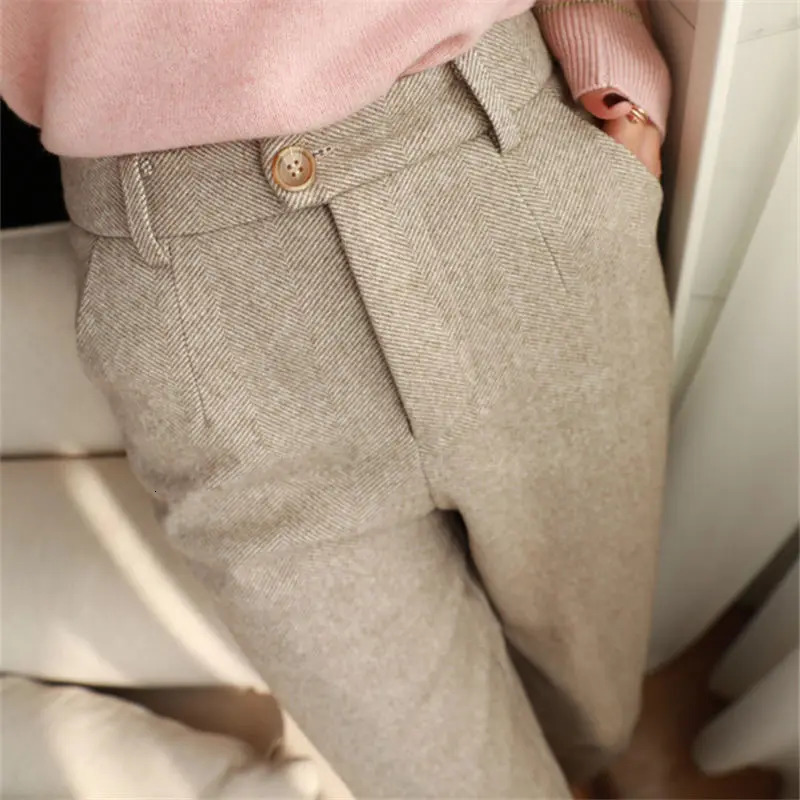 2024 Autumn Winter Workplace High Waisted Casual Suit Pants Office Lady Women Trousers Woolen Harem Pencil 241007