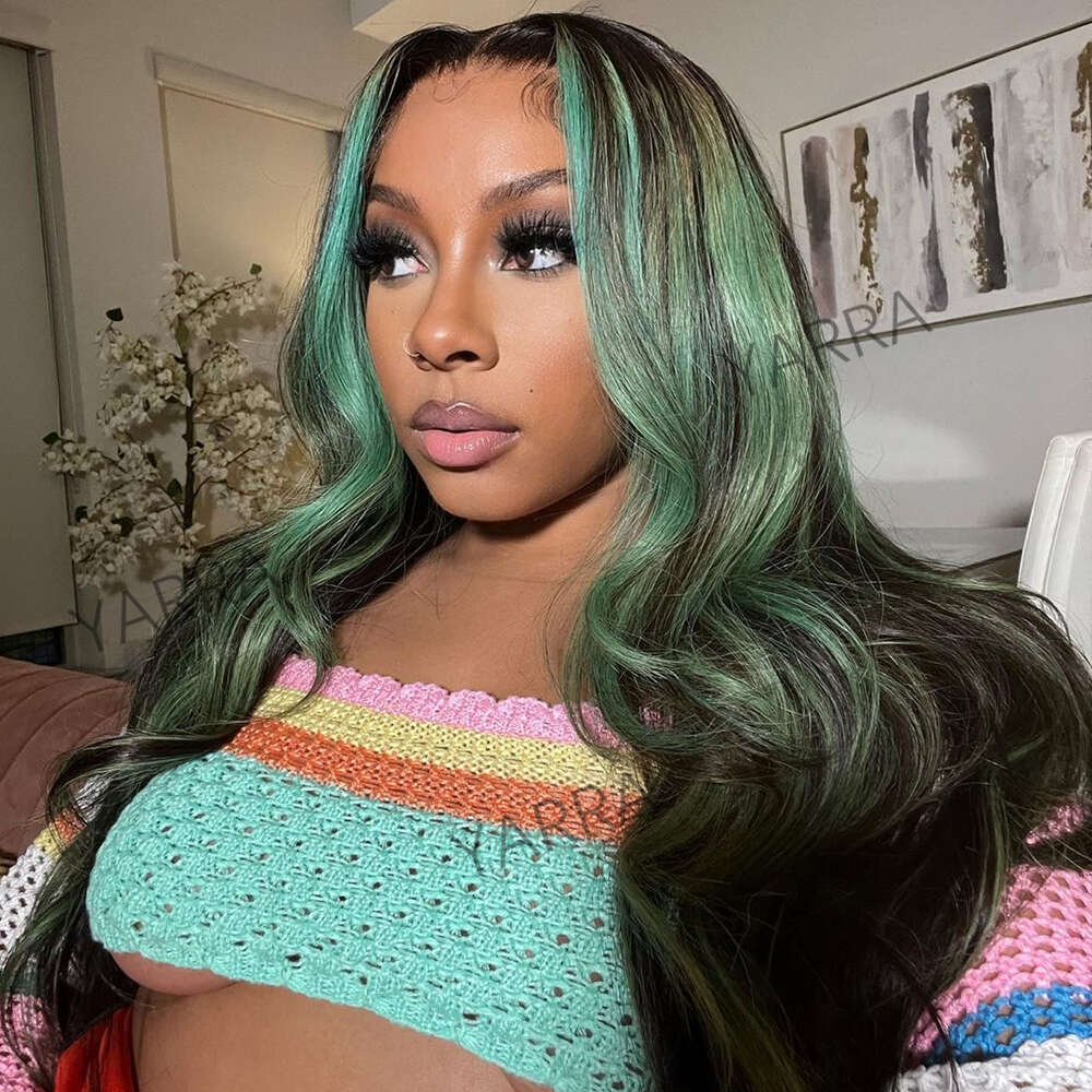 13x4 Frontal Body Wave Human Hair Green With Black Pre Plucked 32 34inch Highlight Transparent Lace Front Wig For Women