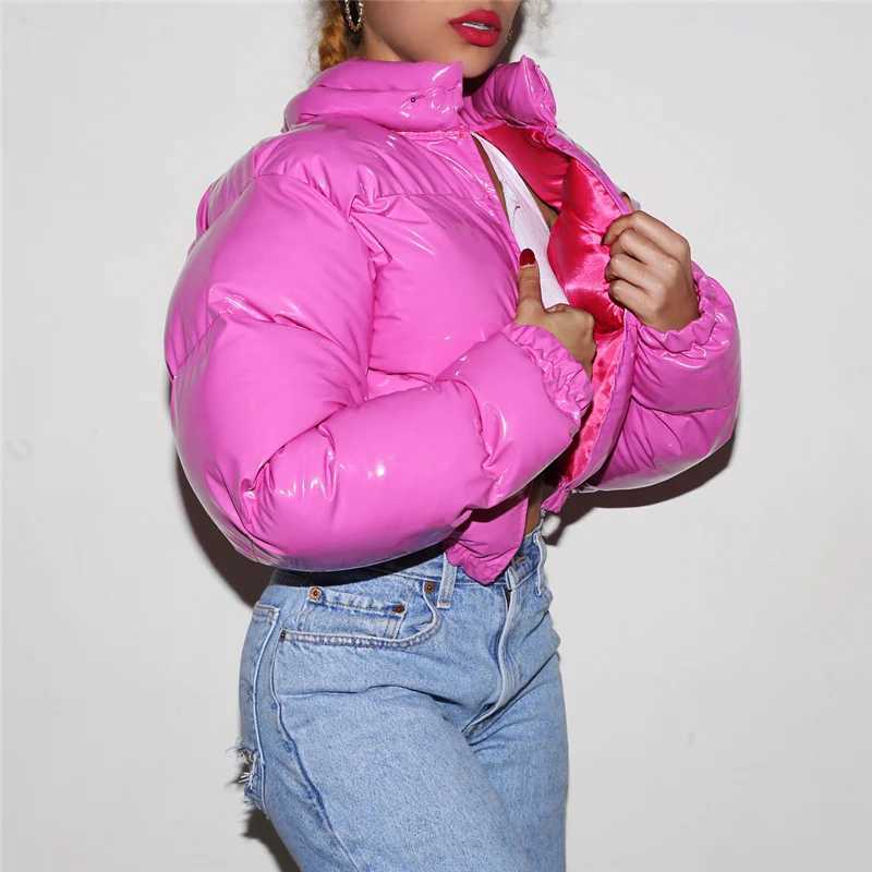 Women's Down Parkas Puloru Winter Womens Inflatable Jacket Long Sleve Zipper Upright Collar Cutting Bubble Coat Shiny Metal Quilted Park Y241019S